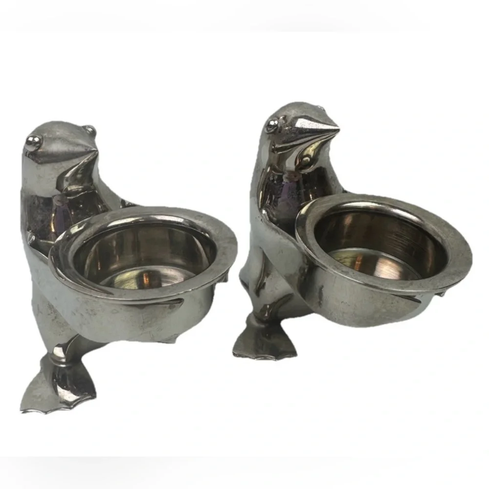 Pair2 Restoration Hardware Silver Plate Penguin Butler Sauce Dish Candle Holder
